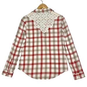 Plaid Lace Back Button Down Shirt XS Red Romantic Western Cottage Cowgirl Rustic